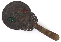 CHINESE BRONZE & SOFTSTONE HAND MIRROR