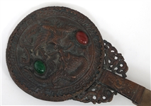 CHINESE BRONZE & SOFTSTONE HAND MIRROR