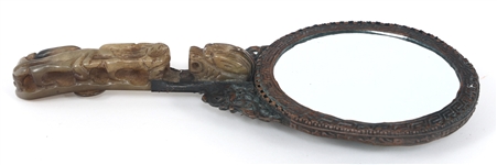 CHINESE BRONZE & SOFTSTONE HAND MIRROR