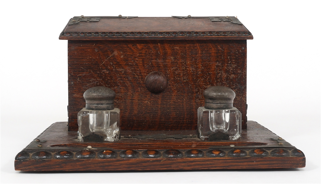 CARVED OAK STATIONARY BOX WITH INKWELLS 