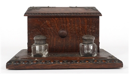 CARVED OAK STATIONARY BOX WITH INKWELLS 