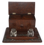 CARVED OAK STATIONARY BOX WITH INKWELLS 