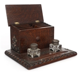 CARVED OAK STATIONARY BOX WITH INKWELLS 