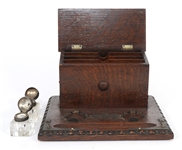 CARVED OAK STATIONARY BOX WITH INKWELLS 