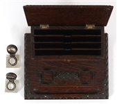 CARVED OAK STATIONARY BOX WITH INKWELLS 