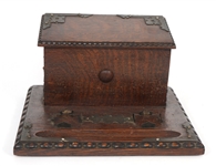CARVED OAK STATIONARY BOX WITH INKWELLS 