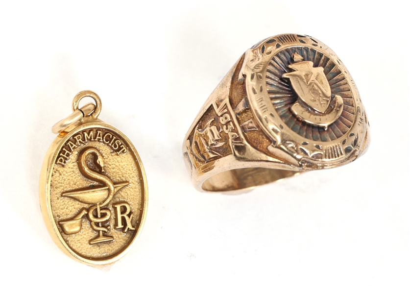 10K YELLOW GOLD CLASS RING & PHARMACIST PENDANT