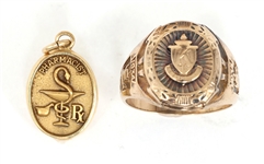 10K YELLOW GOLD CLASS RING & PHARMACIST PENDANT