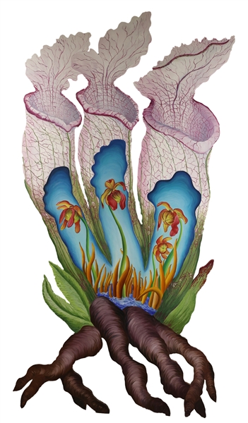 ALEXA KLEINBARD OIL ON WOOD PITCHER PLANT PAINTING