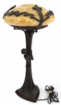 ART NOUVEAU FIGURAL BRONZE & LOETZ GLASS LAMP