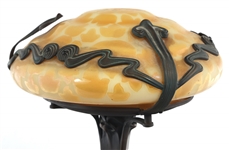 ART NOUVEAU FIGURAL BRONZE & LOETZ GLASS LAMP