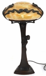 ART NOUVEAU FIGURAL BRONZE & LOETZ GLASS LAMP