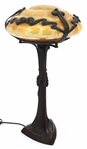 ART NOUVEAU FIGURAL BRONZE & LOETZ GLASS LAMP