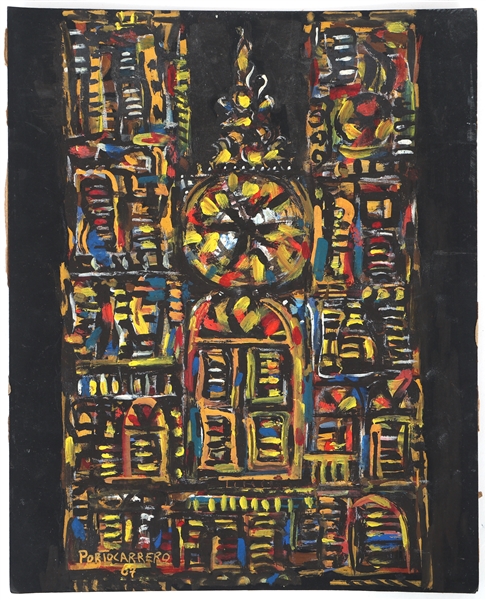 RENE PORTOCARRERO TEMPERA ON BOARD "CATHEDRAL" 1967