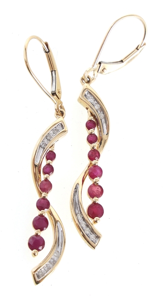 14K YELLOW GOLD RUBY & DIAMOND DROP EARRINGS