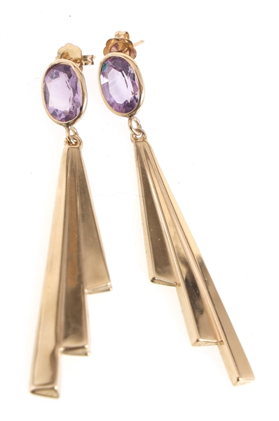14K YELLOW GOLD AMETHYST DROP EARRINGS 