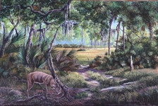 DANIEL BUTLER OIL ON CANVAS RURAL SCENE WITH DEER