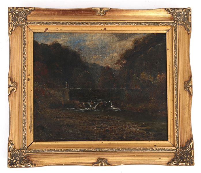 ENGLISH SCHOOL 19TH C. SUSPENSION BRIDGE OIL ON CANVAS