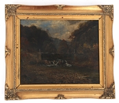 ENGLISH SCHOOL 19TH C. SUSPENSION BRIDGE OIL ON CANVAS