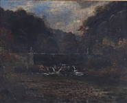 ENGLISH SCHOOL 19TH C. SUSPENSION BRIDGE OIL ON CANVAS
