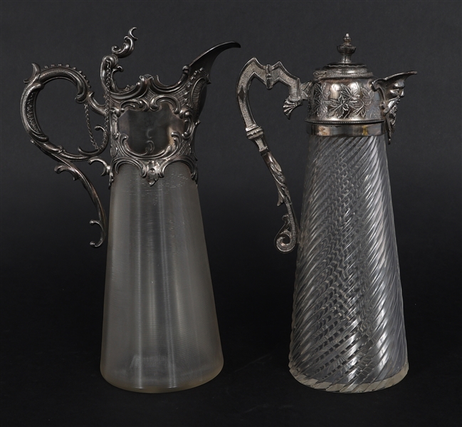 ART NOUVEAU SILVERPLATE & CRYSTAL CLARET JUGS 
