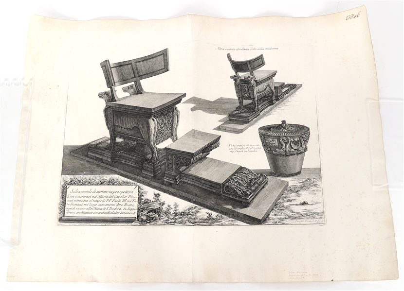 19th C. ETCHING BY PIRANESI ROMAN CURULE CHAIR