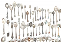 SILVER PLATED SOUVENIR SPOONS & ASSORTED FLATWARE