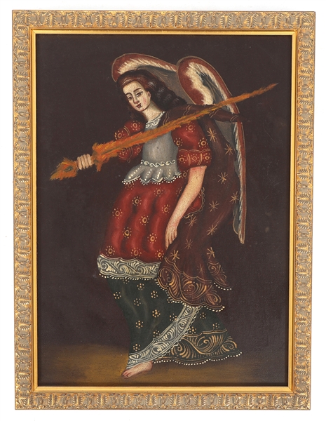 CUZCO STYLE OIL ON BOARD ARCHANGEL URIEL PAINTING