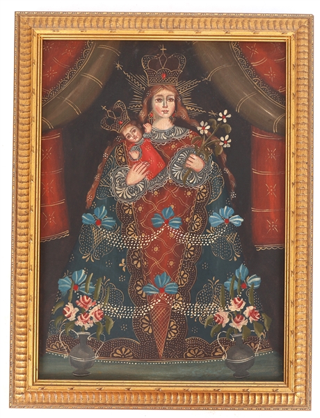 CUZCO STYLE OIL ON BOARD OUR LADY OF ROSARY PAINTING