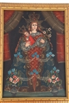 CUZCO STYLE OIL ON BOARD OUR LADY OF ROSARY PAINTING