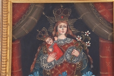 CUZCO STYLE OIL ON BOARD OUR LADY OF ROSARY PAINTING