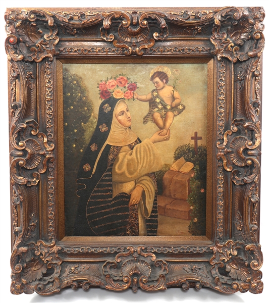 CUZCO SCHOOL OIL ON CANVAS SAINT ROSE OF LIMA PAINTING