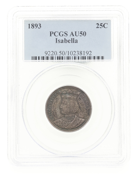 1893 US SILVER COMMEM. ISABELLA 25C QUARTER PCGS AU50