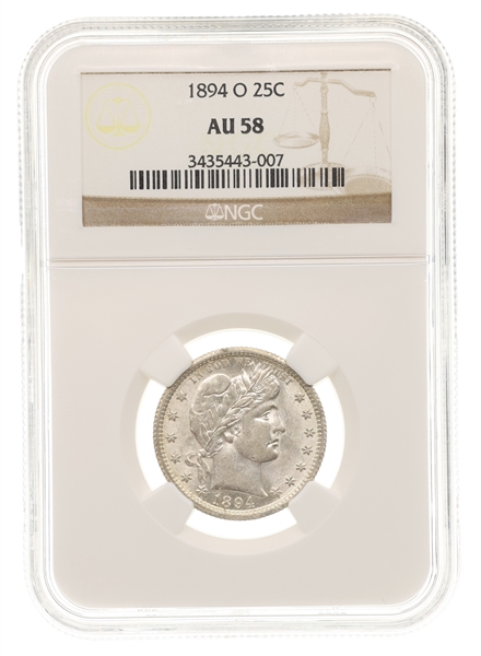 1894-O US SILVER BARBER 25C QUARTER COIN NGC AU58