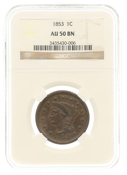 1853 US BRAIDED HAIR LARGE 1C COIN NGC AU50 BN