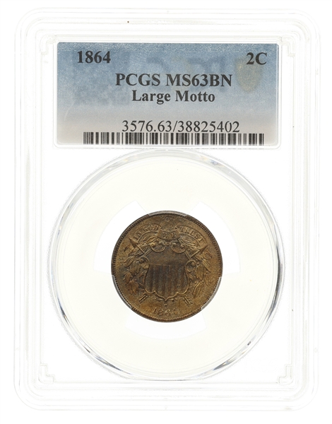 1864 US 2 CENT LARGE MOTTO COIN PCGS MS63BN