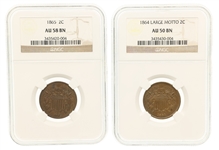 1864 LG MOTTO & 1865 US 2 CENT COINS NGC AU