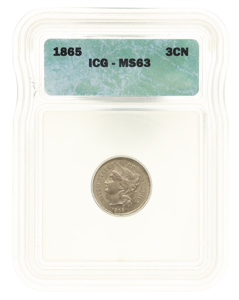 1865 US NICKEL 3-CENT COIN ICG MS63