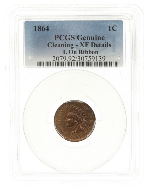 1864 US INDIAN HEAD 1C L ON RIBBON COIN PCGS XF DETAILS