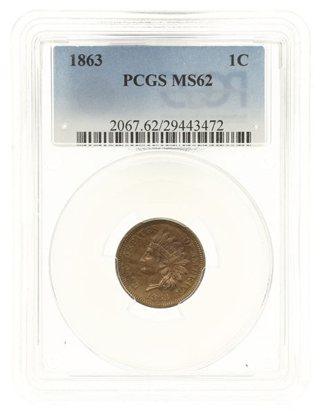 1863 US INDIAN HEAD 1C PENNY PCGS MS62