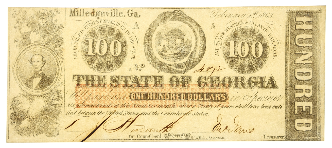 Lot Detail - 1863 $100 MILLEDGEVILLE GEORGIA OBSOLETE NOTE