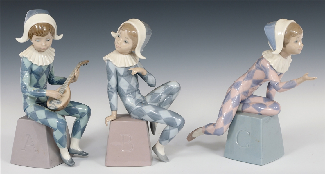 LLADRO PORCELAIN HARLEQUIN FIGURINES 5075, 5076, & 5077