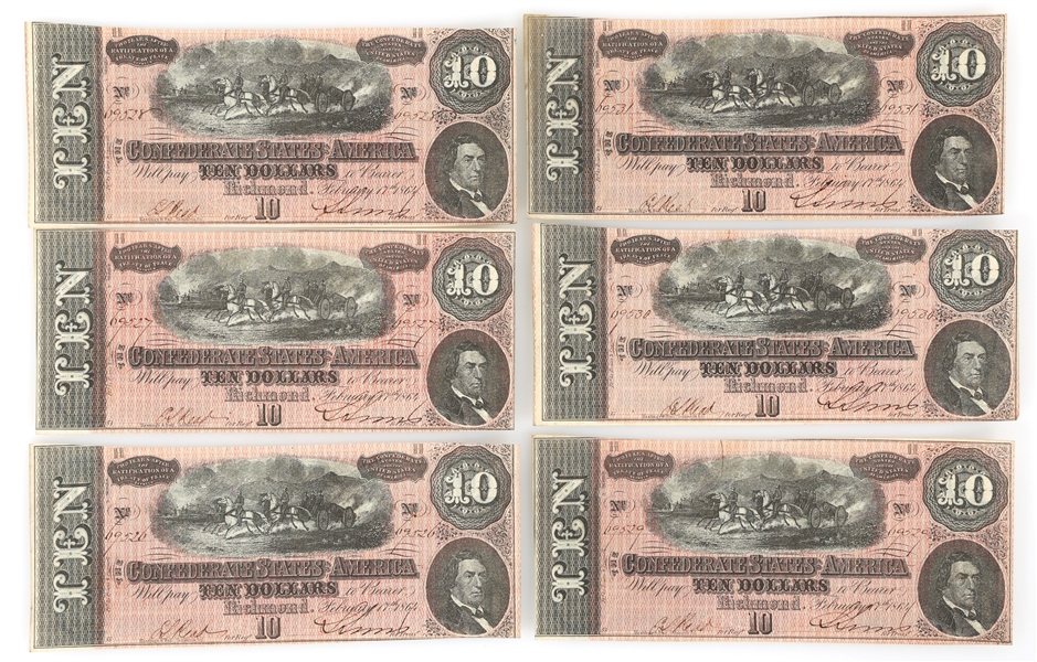 SEQUENTIAL 1864 CONFEDERATE STATES T-67 $20 UNC NOTES