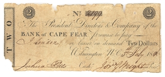 1806 $2 OBSOLETE BANK OF CAPE FEAR NORTH CAROLINA CHECK