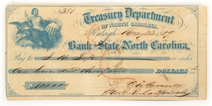1859 OBSOLETE $100,000 BANK OF NORTH CAROLINA CHECK 