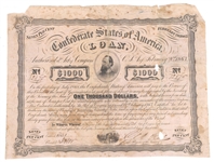 1863 $1000 CONFEDERATE STATES OF AMERICA 7% LOAN CERT