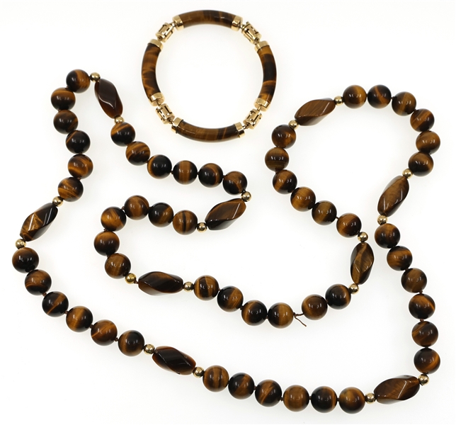 BEADED TIGERS EYE & 14K GOLD NECKLACE & BRACELET