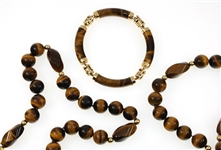 BEADED TIGER'S EYE & 14K GOLD NECKLACE & BRACELET