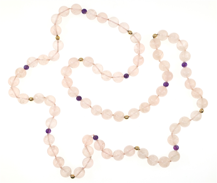 BEADED ROSE QUARTZ, AMETHYST, & 14K GOLD NECKLACE