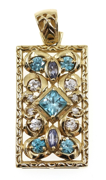 10K YELLOW GOLD BLUE TOPAZ RECTANGULAR PENDANT